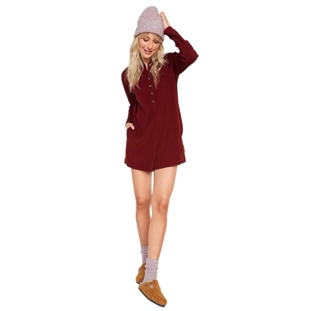 Old Navy Womens XL Burgundy Red Ribbed Henley Long Sleeve Romper Pockets